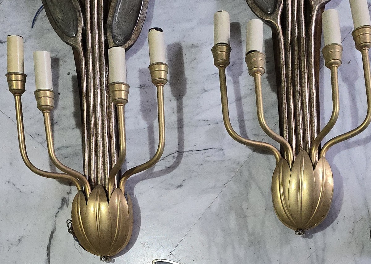 Grande coppia di appliques a ramage in legno e specchi, stile Hollywood Regency, anni 1970-photo-2