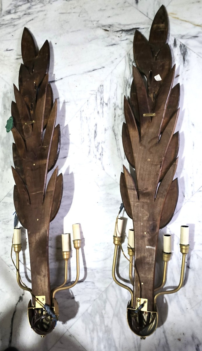Grande coppia di appliques a ramage in legno e specchi, stile Hollywood Regency, anni 1970-photo-3