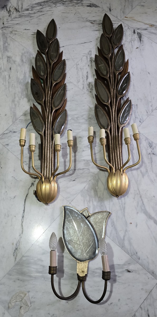 Grande coppia di appliques a ramage in legno e specchi, stile Hollywood Regency, anni 1970-photo-7