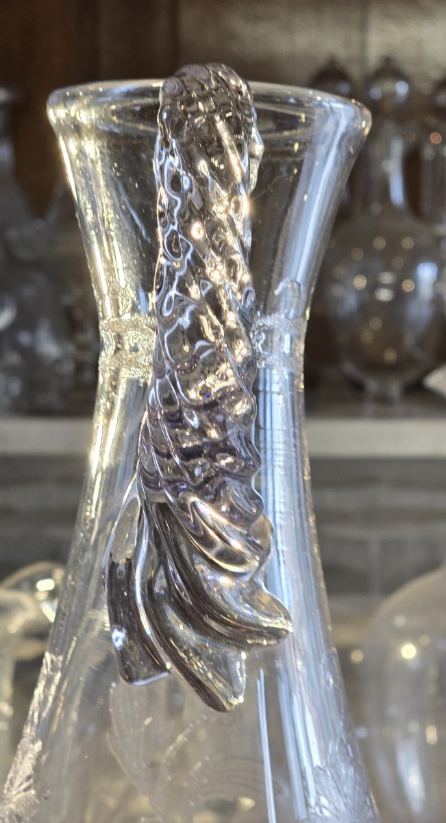 Coppia di antiche brocche in vetro soffiato e inciso-photo-2