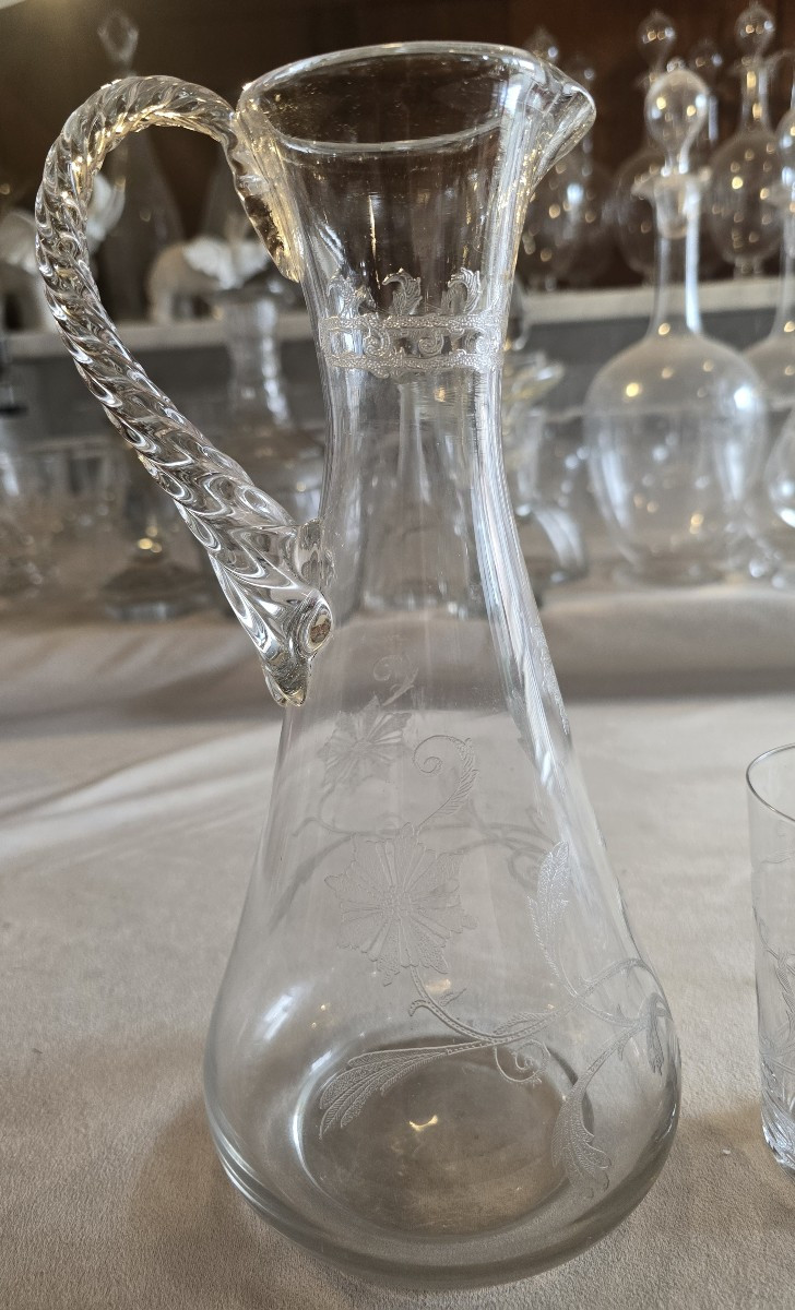 Lotto composto da una brocca e 4 bicchieri Liberty in vetro soffiato e inciso-photo-3