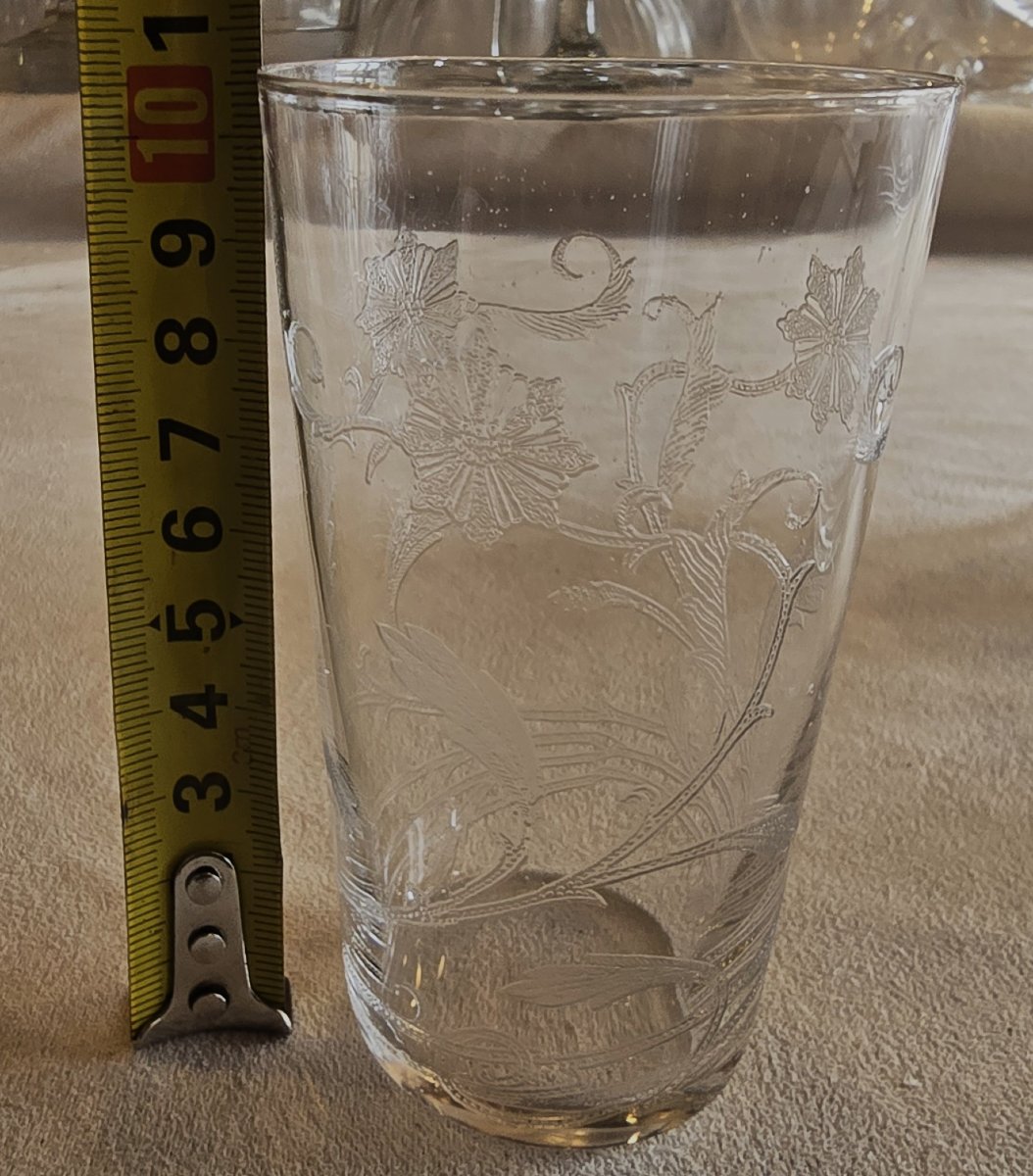 Lotto composto da una brocca e 4 bicchieri Liberty in vetro soffiato e inciso-photo-3