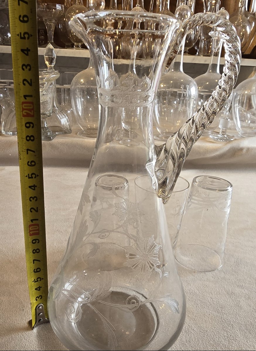 Lotto composto da una brocca e 4 bicchieri Liberty in vetro soffiato e inciso-photo-5