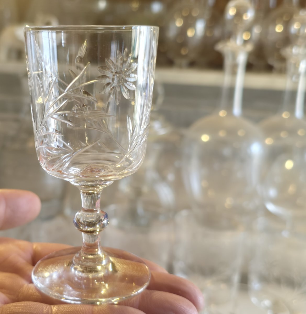 Lotto di 10 bicchieri da acqua h 13,5 cm Baccarat decoro margherite fine '800-photo-3