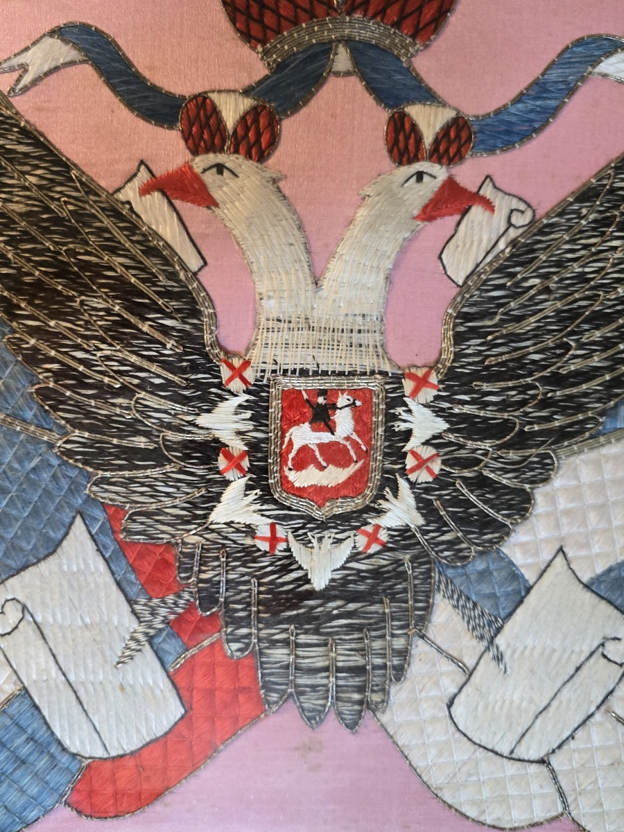 Antico ricamo araldico con l’aquila bicipite imperiale di Russia, fine XIX secolo-photo-3