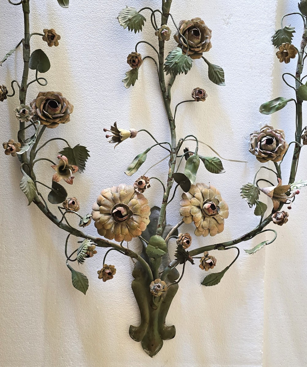 Antica grande applique in lamiera di ferro policroma, Firenze, circa metà XX secolo-photo-2