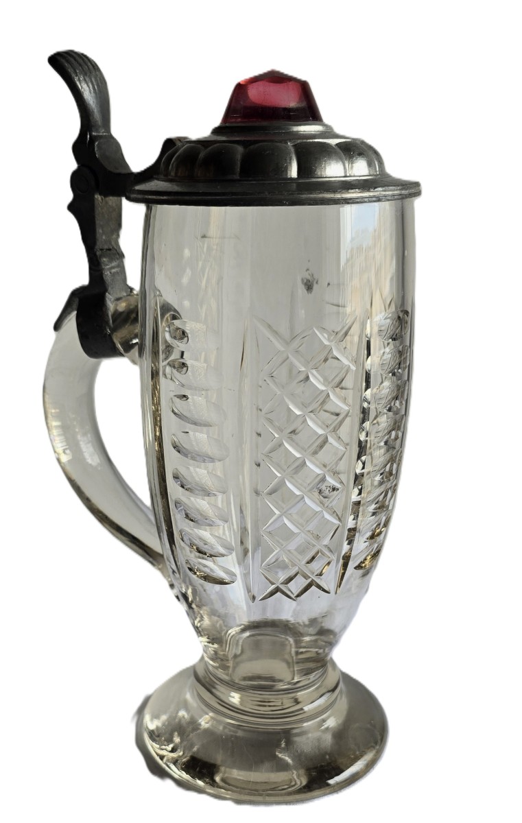 Antico boccale in vetro molato, con montatura e coperchio in peltro-photo-2