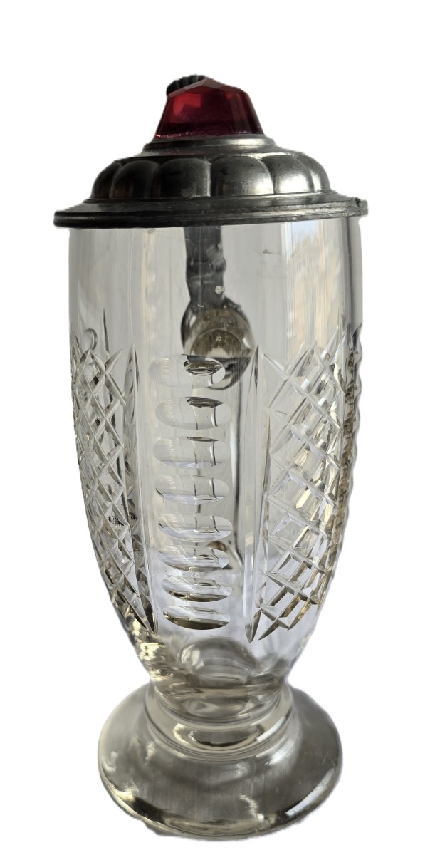 Antico boccale in vetro molato, con montatura e coperchio in peltro-photo-3