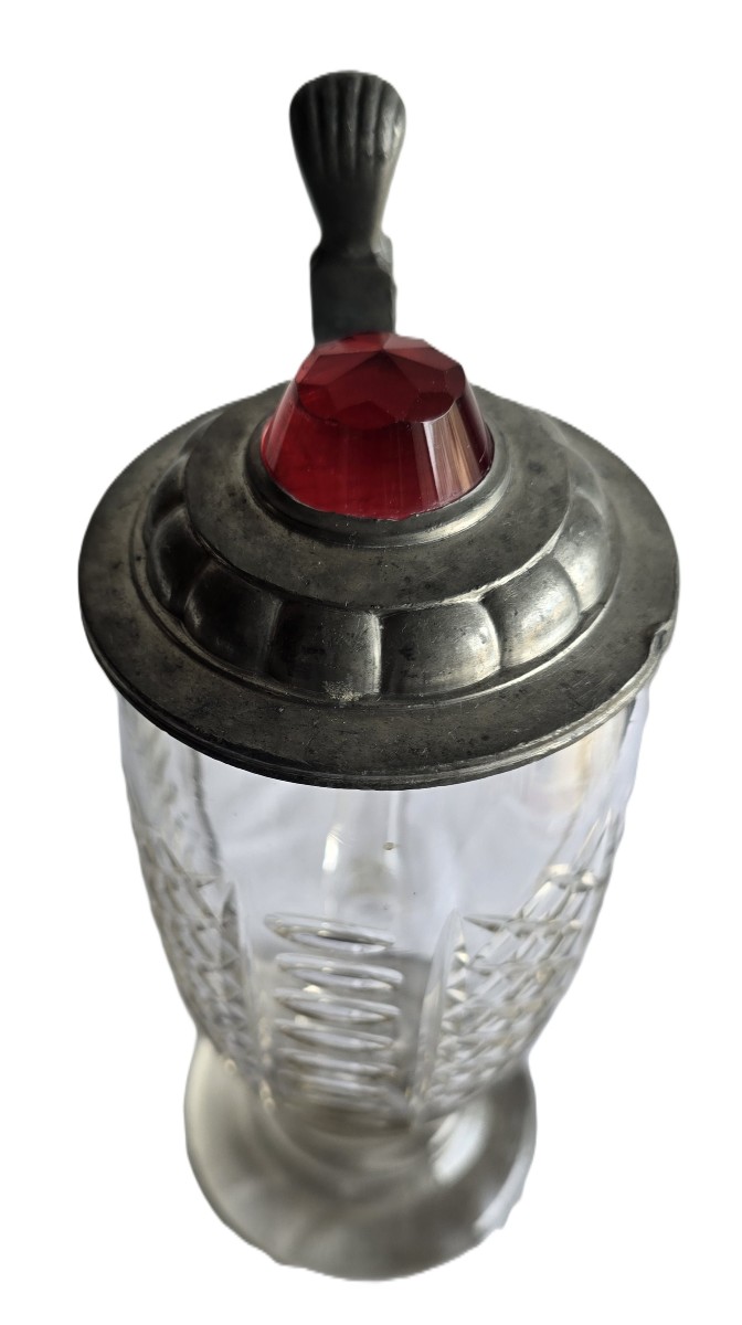 Antico boccale in vetro molato, con montatura e coperchio in peltro-photo-4