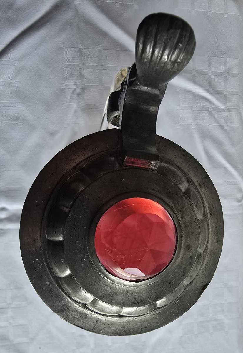 Antico boccale in vetro molato, con montatura e coperchio in peltro-photo-1