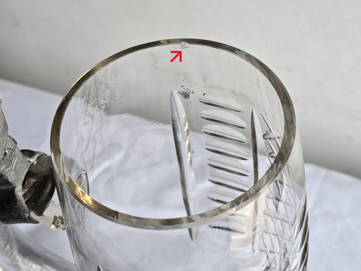 Antico boccale in vetro molato, con montatura e coperchio in peltro-photo-8