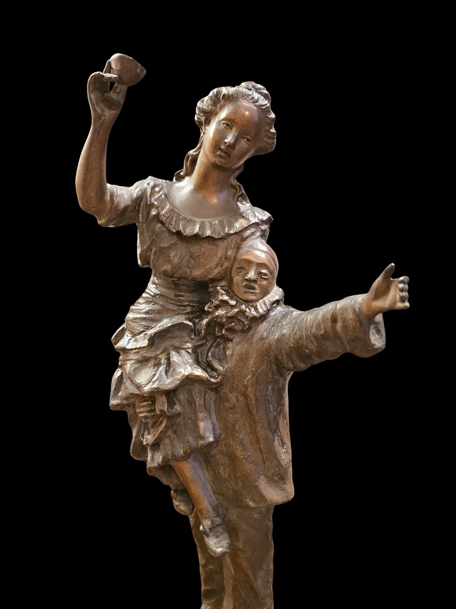 Scultura Art Decò  in bronzo a patina bruna Pierrot e giovane donna-photo-2