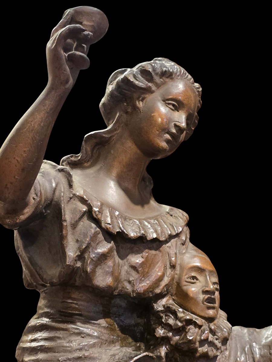 Scultura Art Decò  in bronzo a patina bruna Pierrot e giovane donna-photo-3