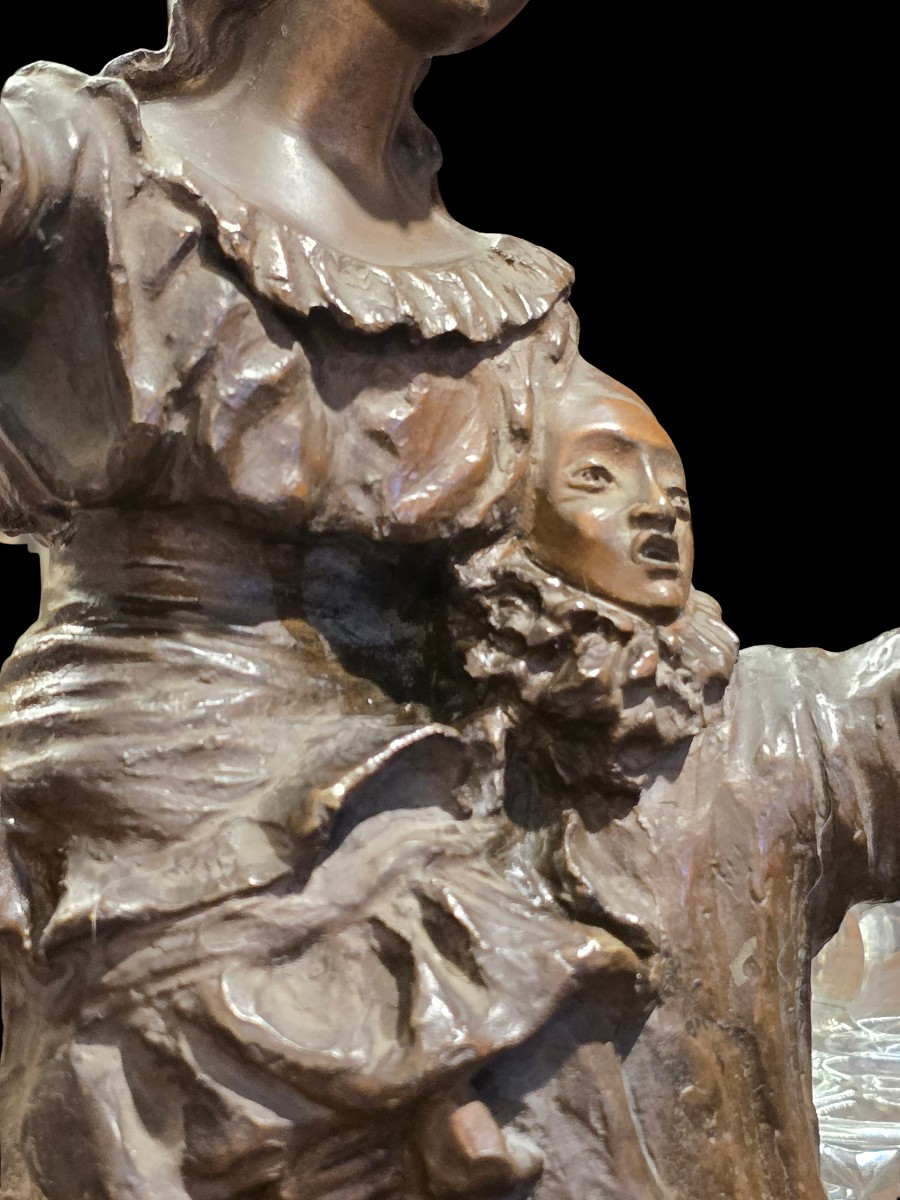 Scultura Art Decò  in bronzo a patina bruna Pierrot e giovane donna-photo-4