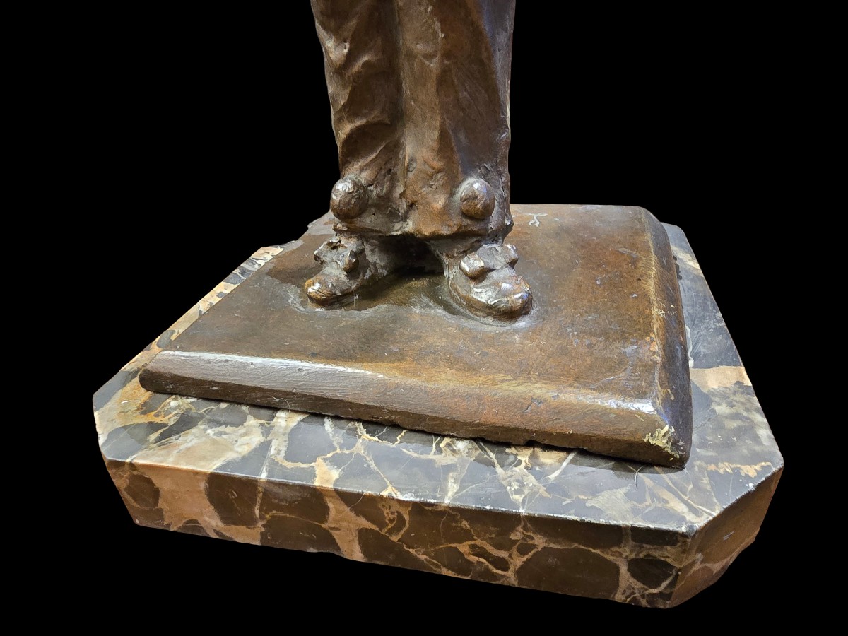 Scultura Art Decò  in bronzo a patina bruna Pierrot e giovane donna-photo-1