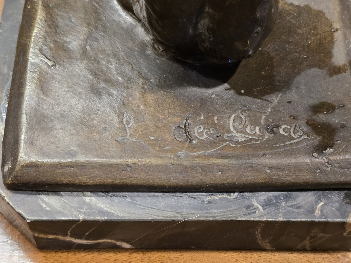 Scultura Art Decò  in bronzo a patina bruna Pierrot e giovane donna-photo-2