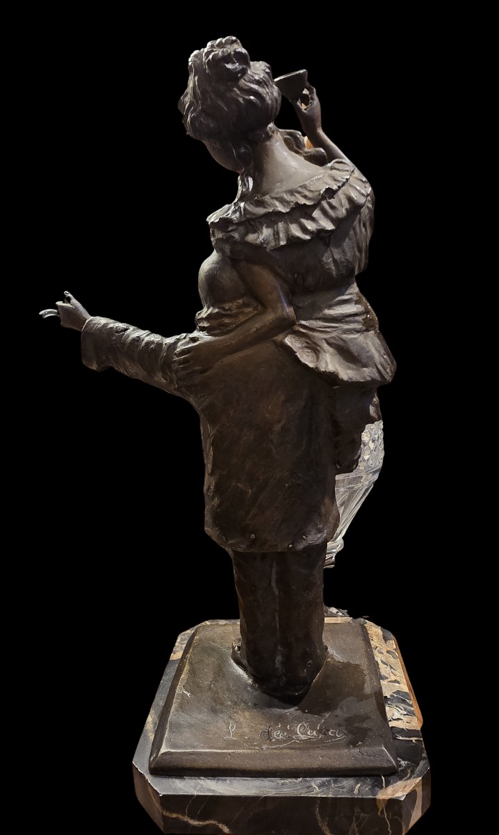 Scultura Art Decò  in bronzo a patina bruna Pierrot e giovane donna-photo-3