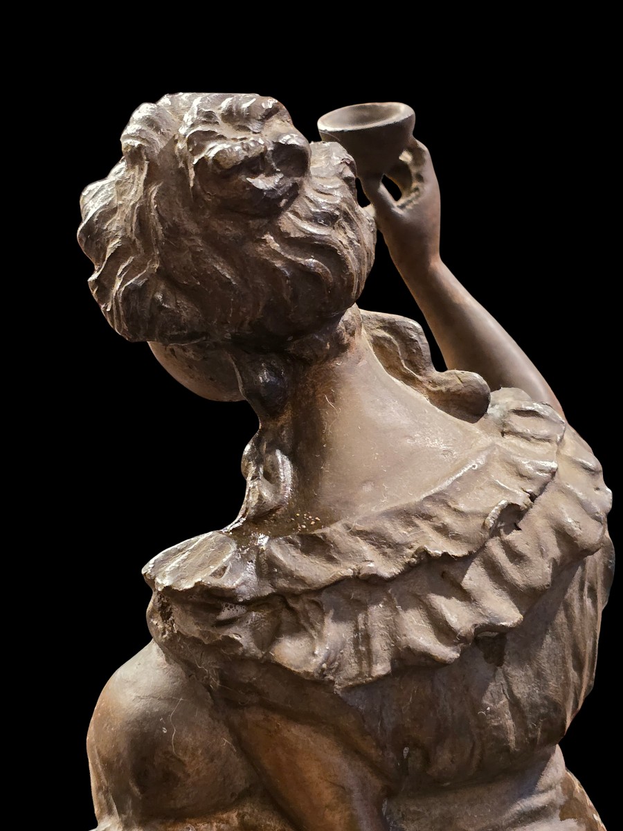 Scultura Art Decò  in bronzo a patina bruna Pierrot e giovane donna-photo-4