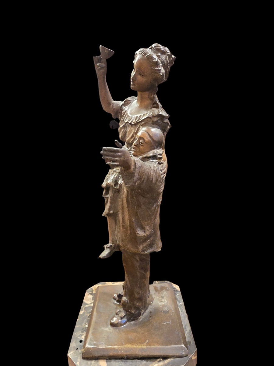 Scultura Art Decò  in bronzo a patina bruna Pierrot e giovane donna-photo-5