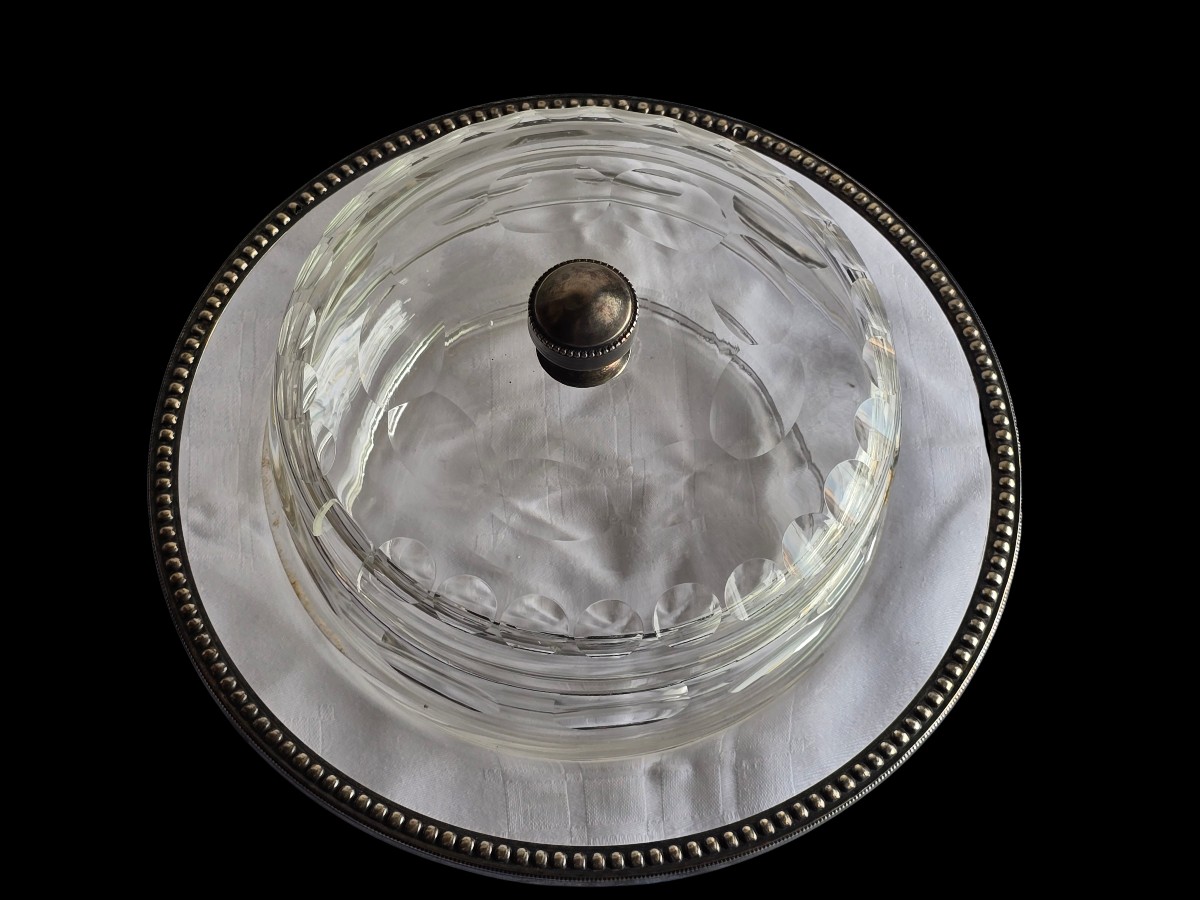 Salsiera antica in cristallo e metallo argentato-photo-2