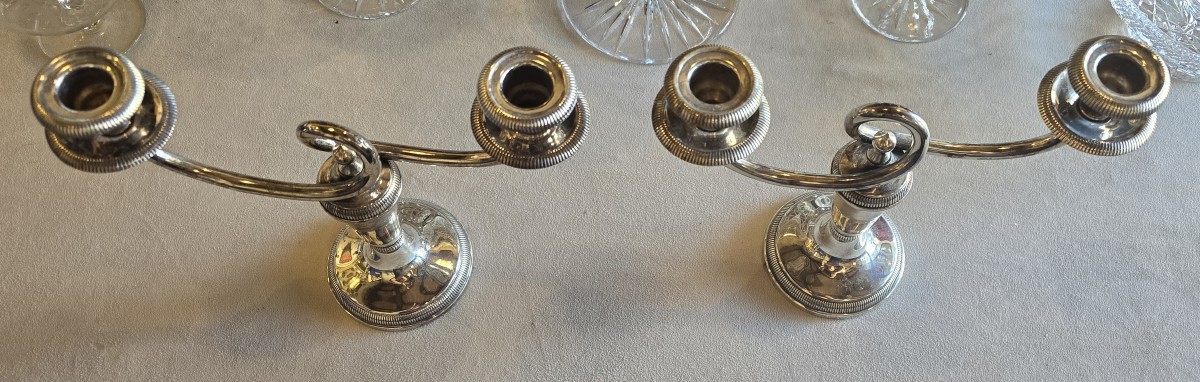 Coppia candelabri a due fiamme in metallo argentato, Christofle-photo-2