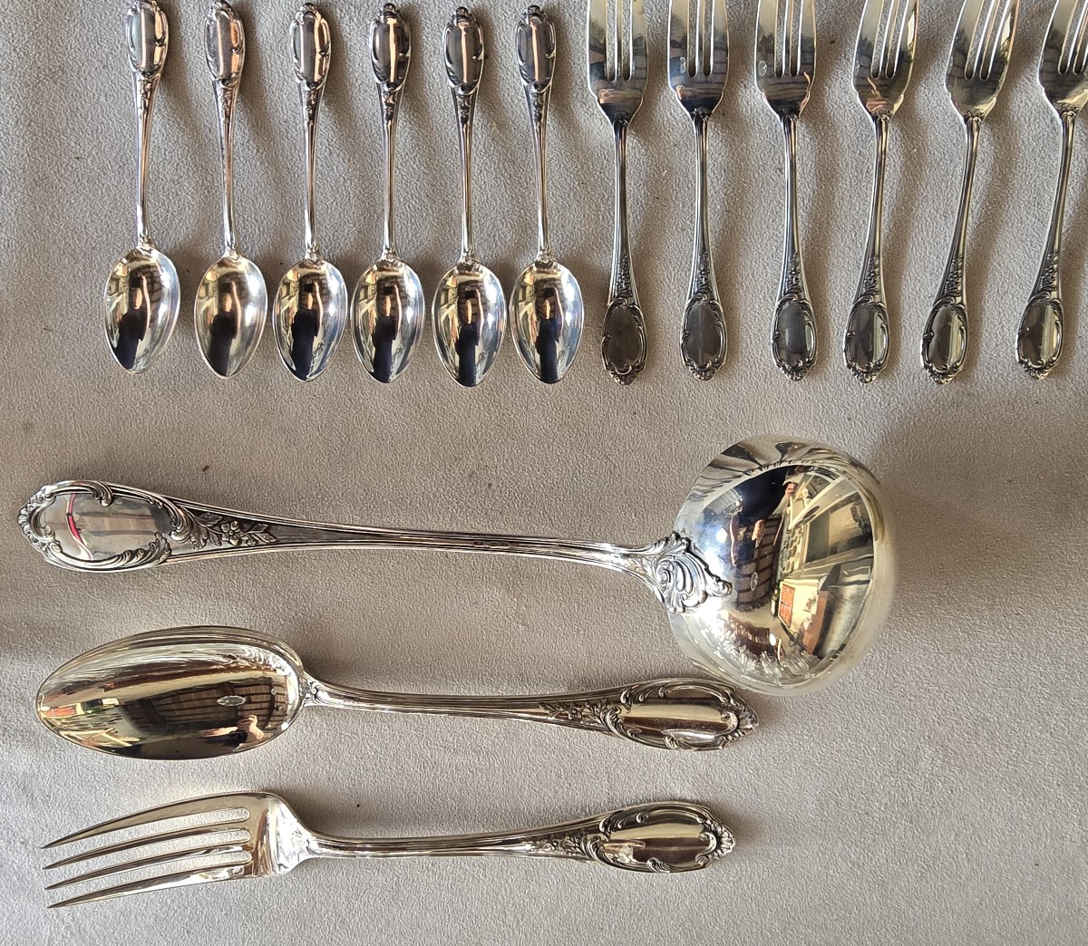 Servizio di posate d'argento antico in stile barocco 58 pezzi-photo-3