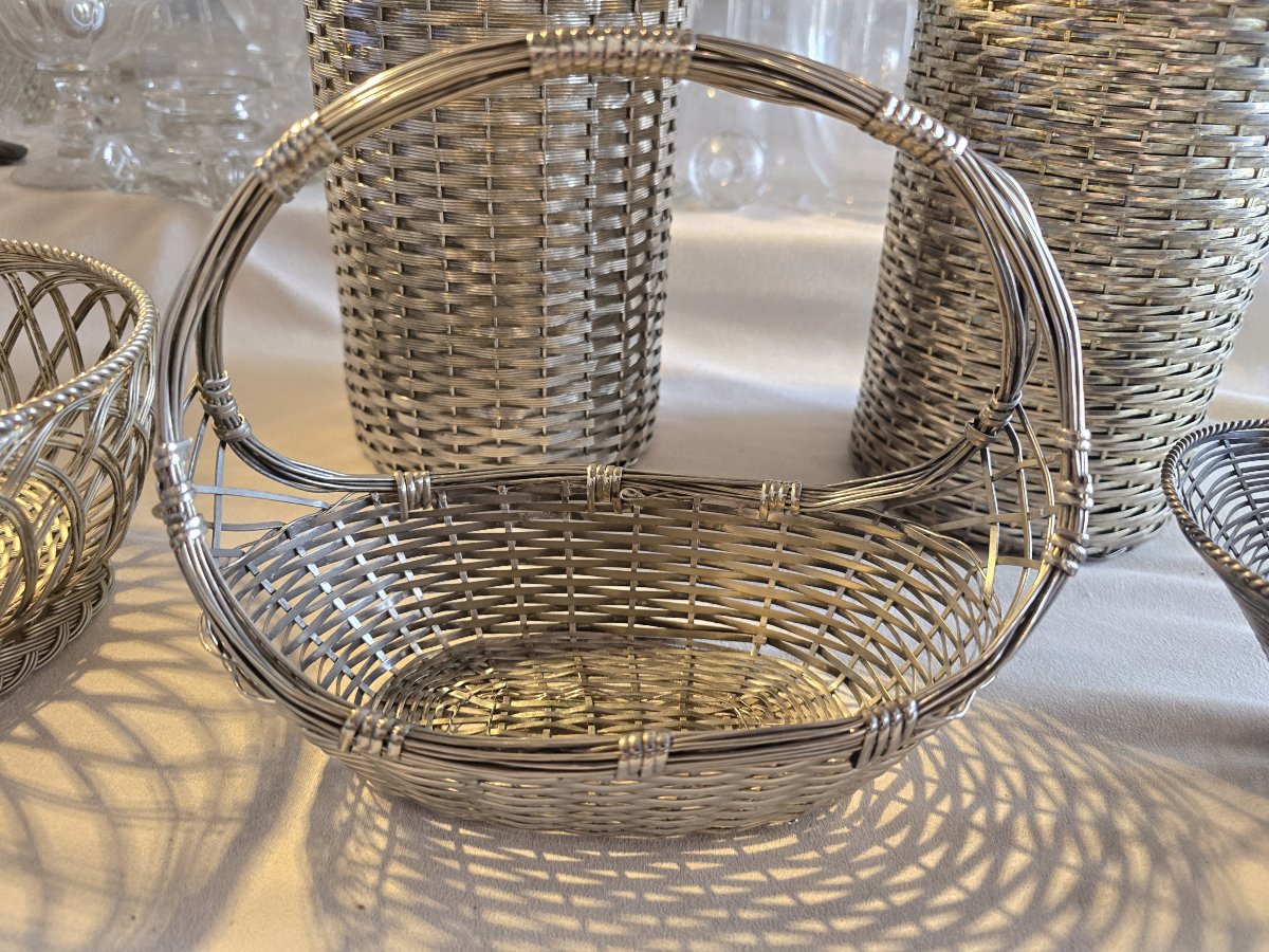 Lotto di 8 oggetti antichi in metallo intrecciato argentato-photo-2