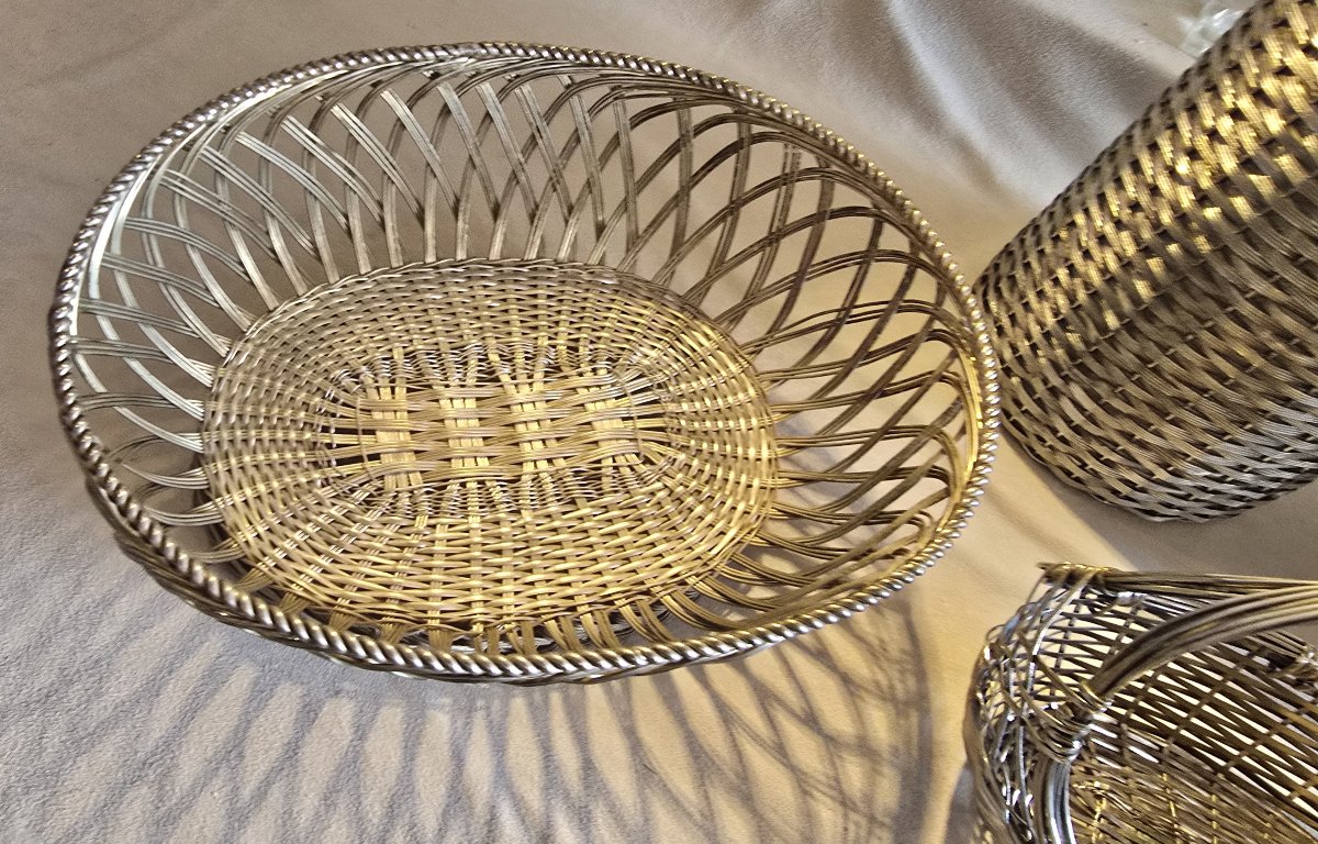 Lotto di 8 oggetti antichi in metallo intrecciato argentato-photo-3