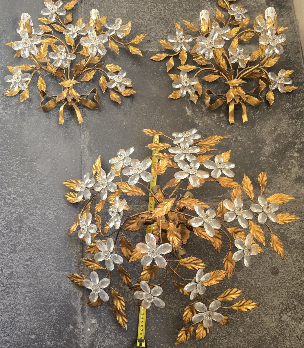 Antica plafoniera Banci Firenze foglie ferro dorato  e fiori in cristallo, seconda metà  XX s-photo-3