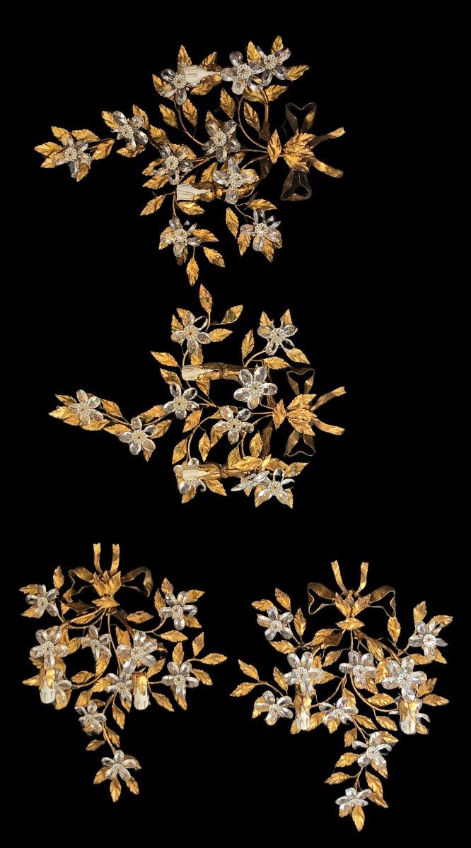 Coppia di appliques in ferro dorato con fiori di cristallo, Banci seconda metà del XX secolo-photo-4