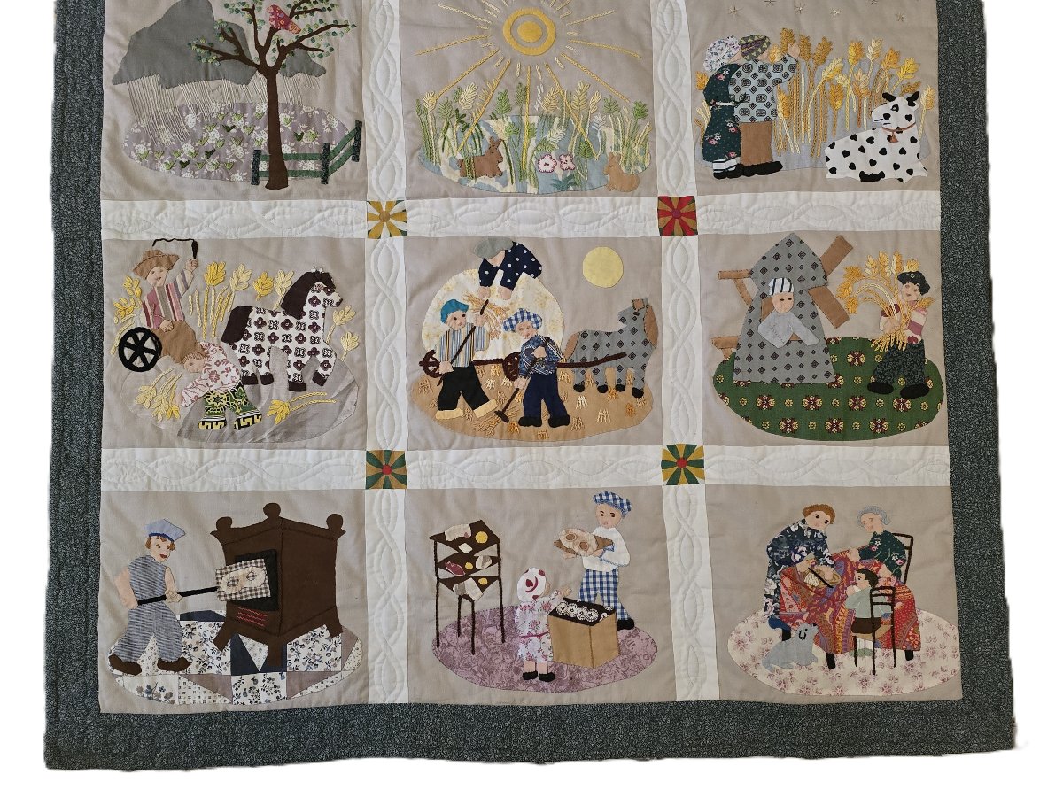 Antico  patchwork narrativo “Le Pain Quotidien” – ricami, appliqué e quilt realizzati a mano-photo-2