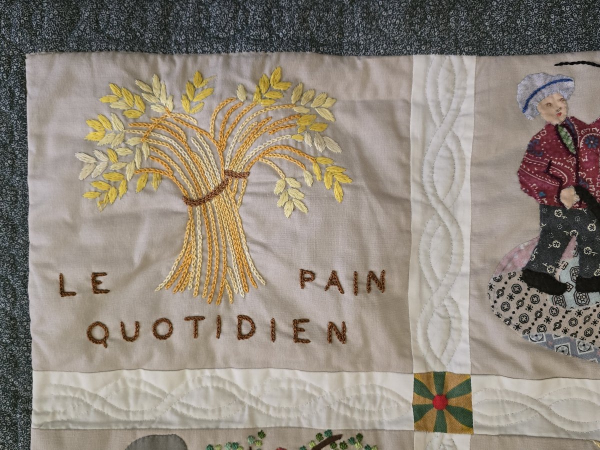 Antico  patchwork narrativo “Le Pain Quotidien” – ricami, appliqué e quilt realizzati a mano-photo-3