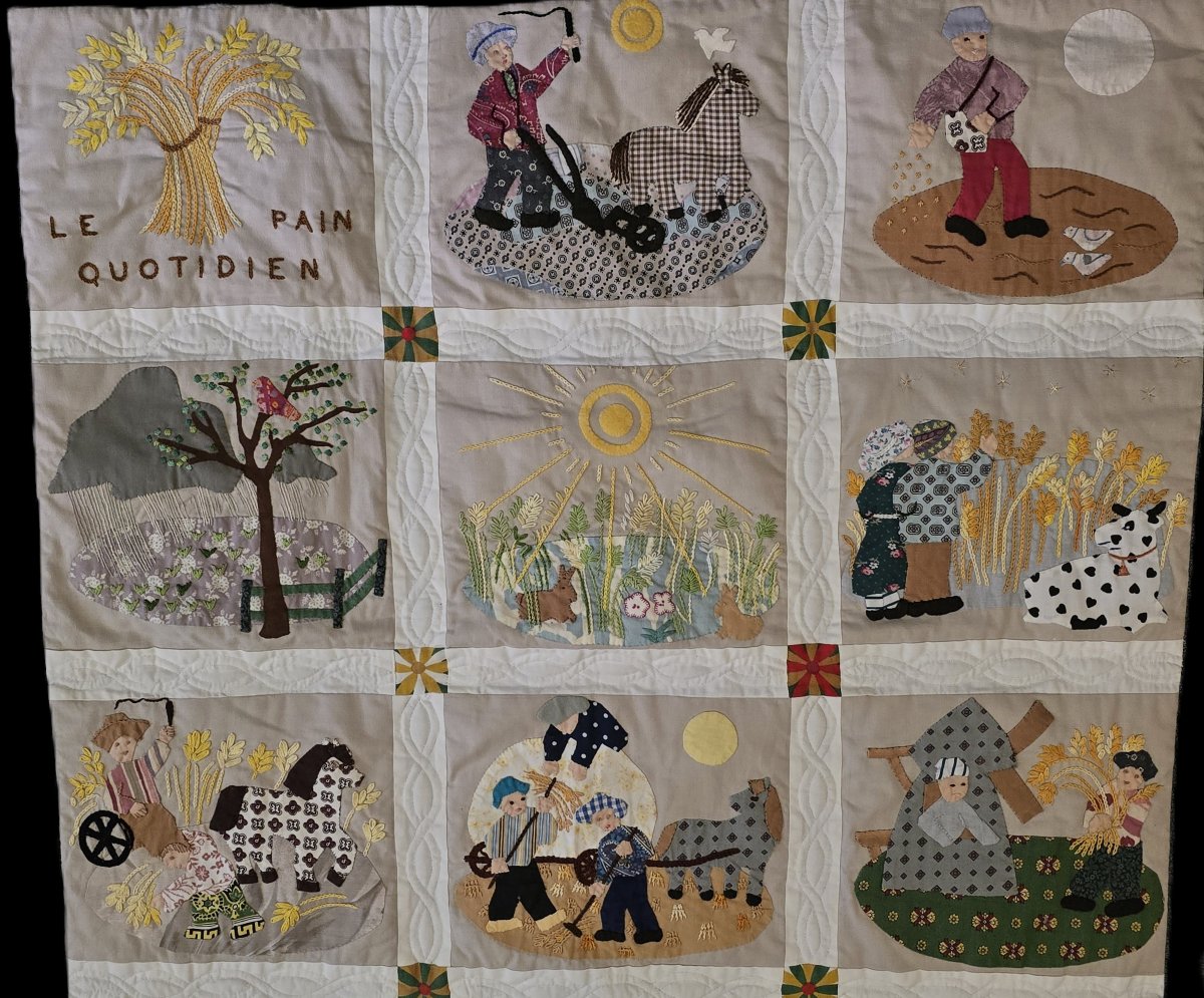 Antico  patchwork narrativo “Le Pain Quotidien” – ricami, appliqué e quilt realizzati a mano-photo-4