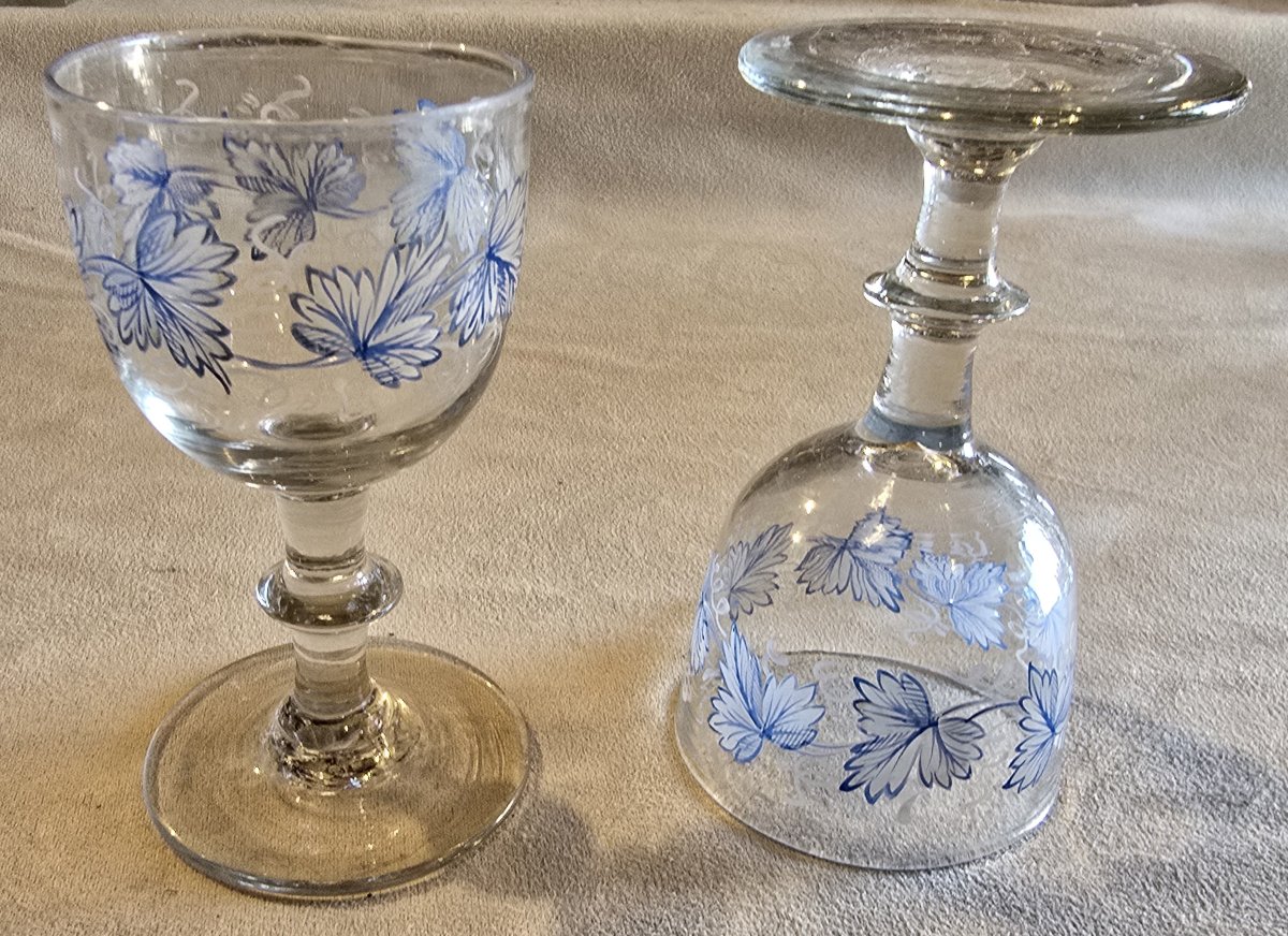 Coppia di antichi bicchierini da liquore in vetro dipinto , inizio '900-photo-2