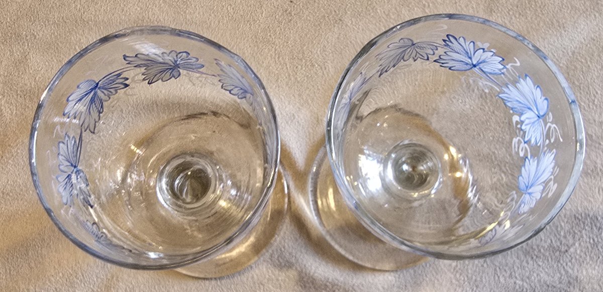 Coppia di antichi bicchierini da liquore in vetro dipinto , inizio '900-photo-3