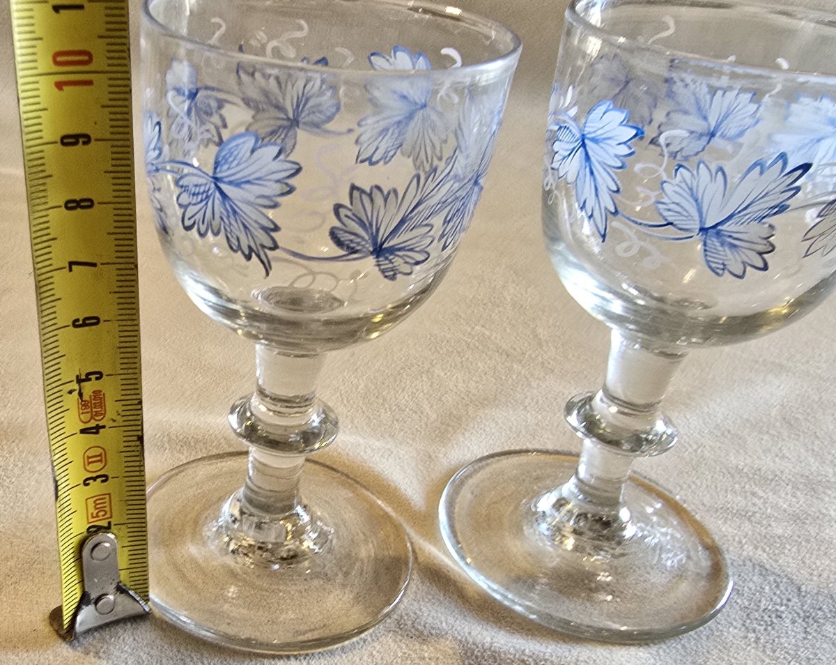 Coppia di antichi bicchierini da liquore in vetro dipinto , inizio '900-photo-1