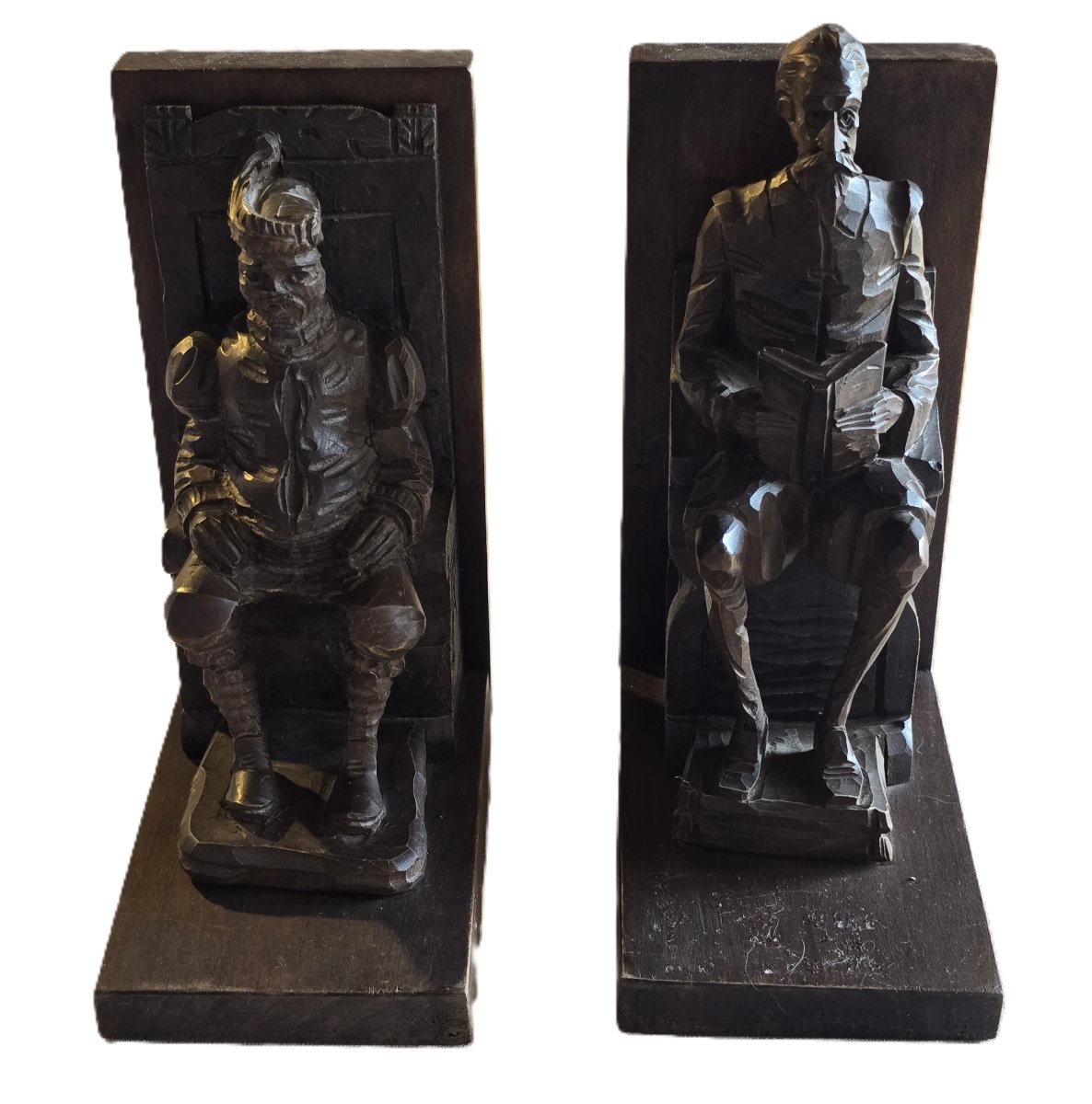 Antica coppia di fermalibri in legno scolpito, raffiguranti Don Chisciotte e Sancho Panza-photo-3