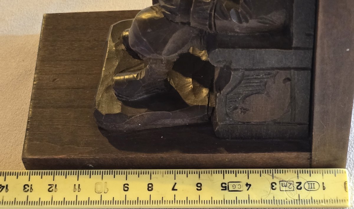 Antica coppia di fermalibri in legno scolpito, raffiguranti Don Chisciotte e Sancho Panza-photo-6
