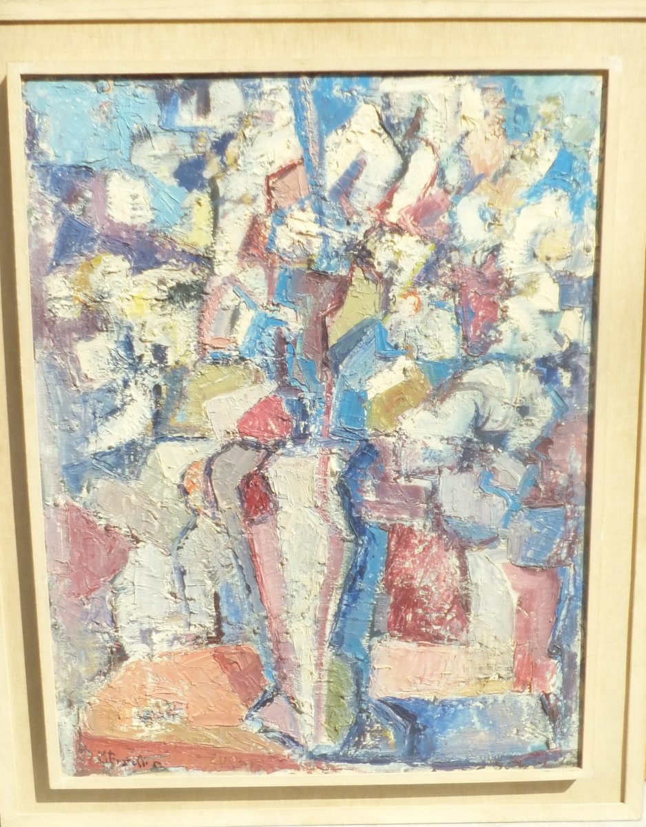 Quadro, olio su tela, mazzo di fiori, Marcella Fratelli, 1962, incorniciato, cm 75 × 96,5-photo-2