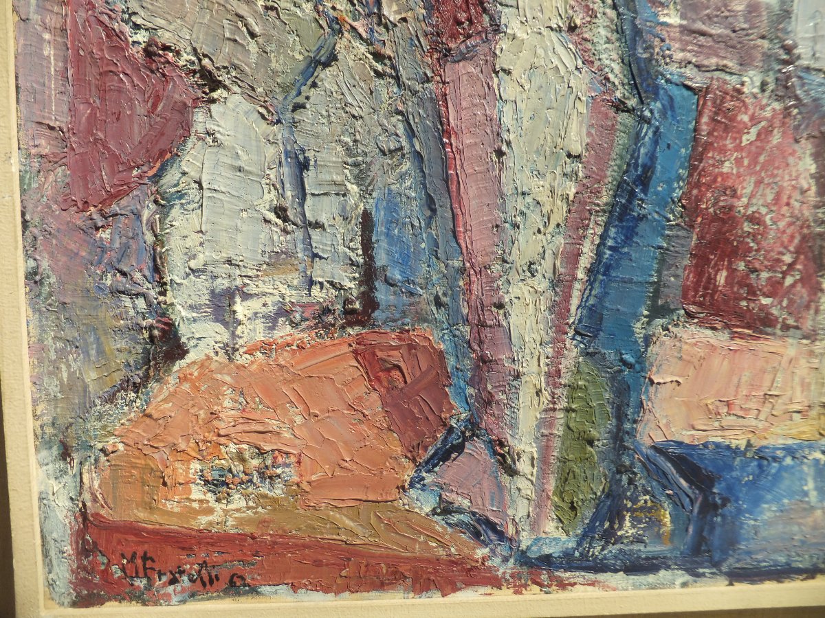 Quadro, olio su tela, mazzo di fiori, Marcella Fratelli, 1962, incorniciato, cm 75 × 96,5-photo-3