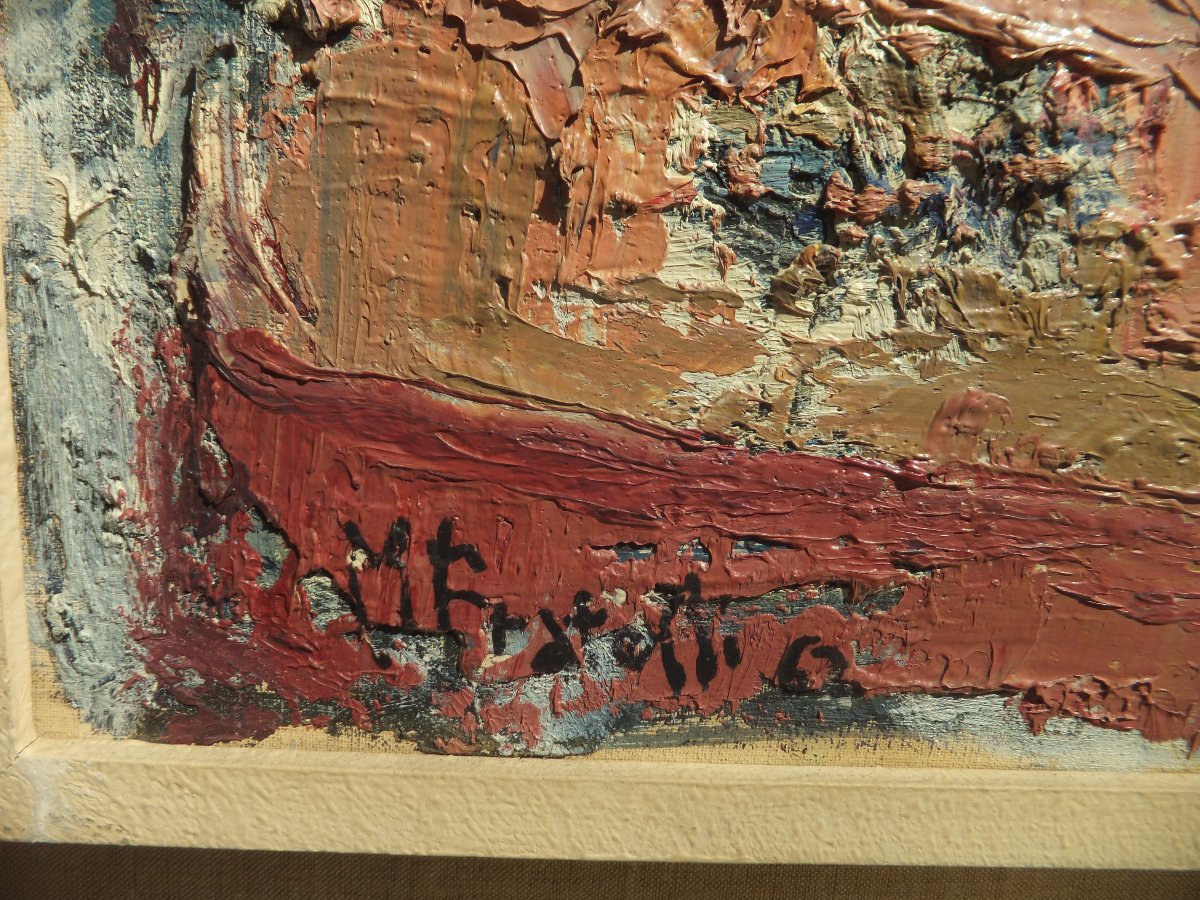 Quadro, olio su tela, mazzo di fiori, Marcella Fratelli, 1962, incorniciato, cm 75 × 96,5-photo-4