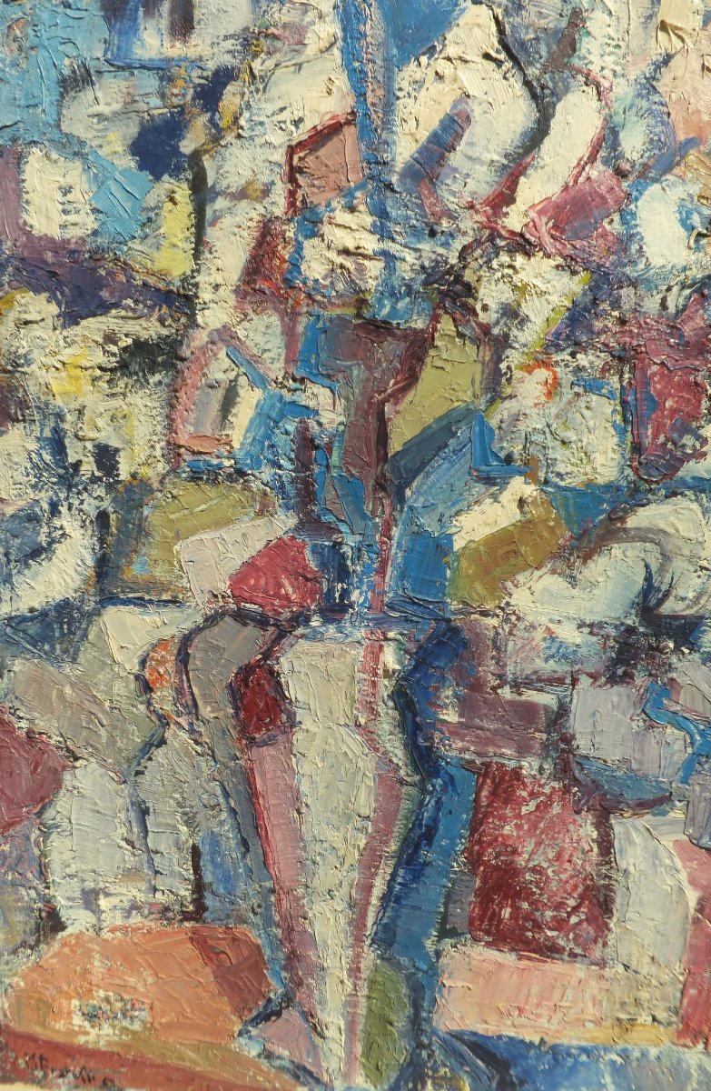 Quadro, olio su tela, mazzo di fiori, Marcella Fratelli, 1962, incorniciato, cm 75 × 96,5