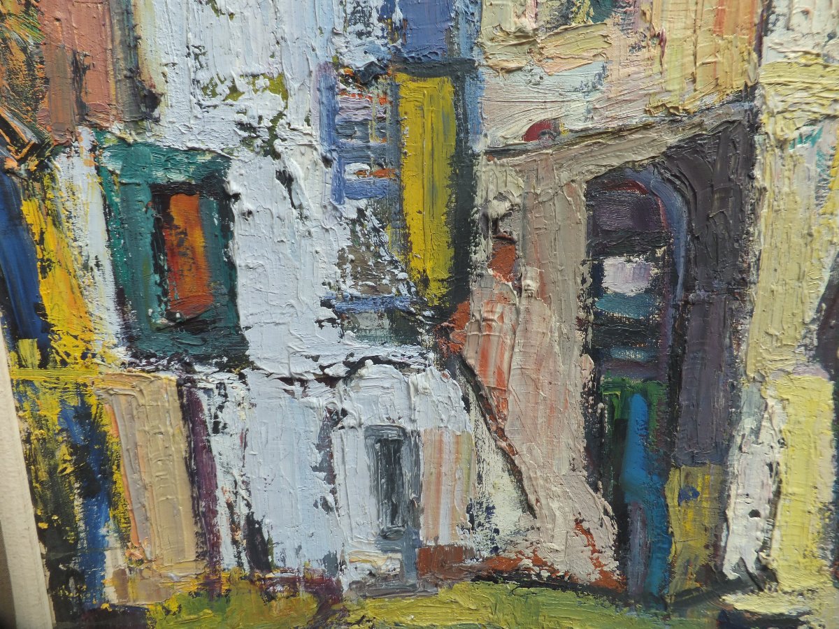 Quadro ad olio, paesaggio astratto di Marcella Fratelli 1962, incorniciato cm 95x75,5-photo-2