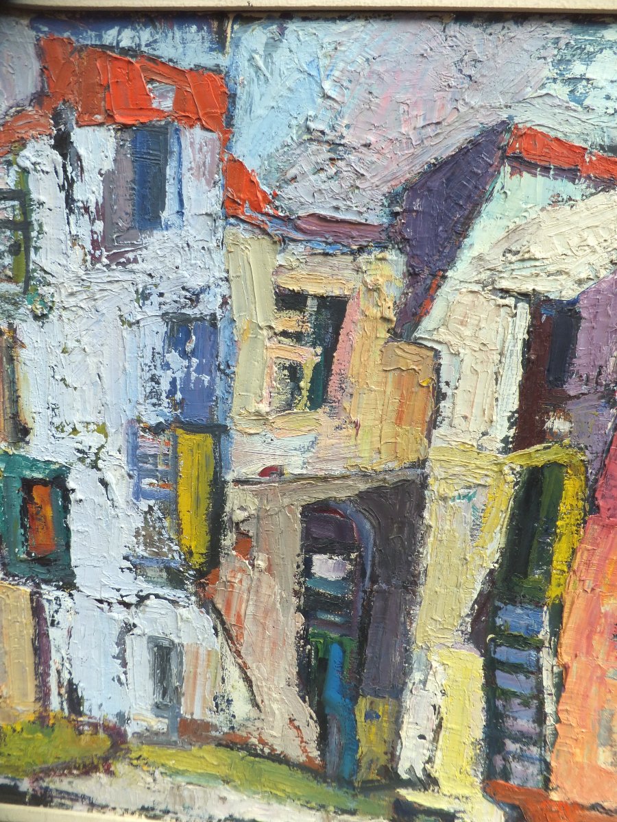 Quadro ad olio, paesaggio astratto di Marcella Fratelli 1962, incorniciato cm 95x75,5-photo-3