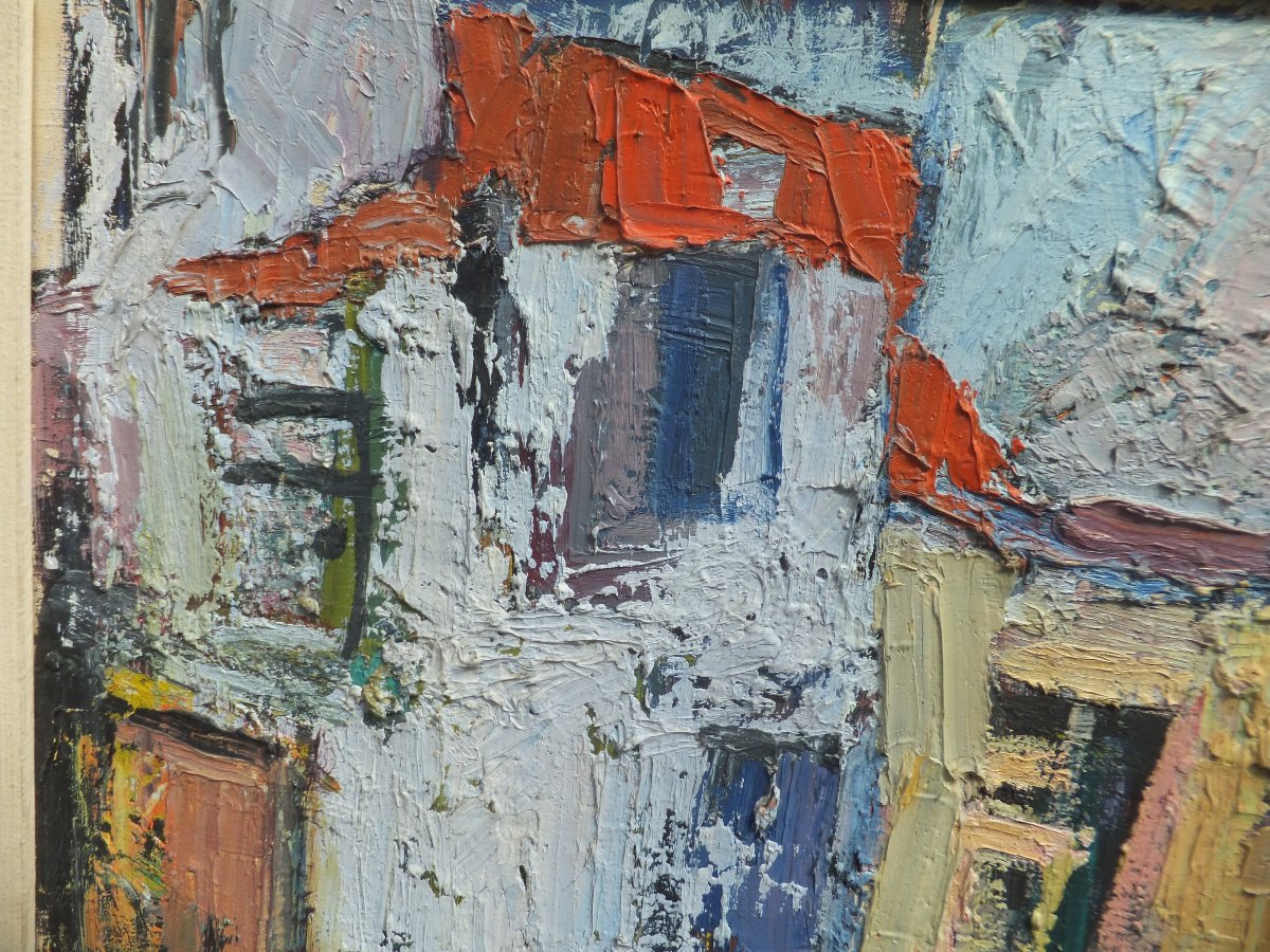 Quadro ad olio, paesaggio astratto di Marcella Fratelli 1962, incorniciato cm 95x75,5-photo-4