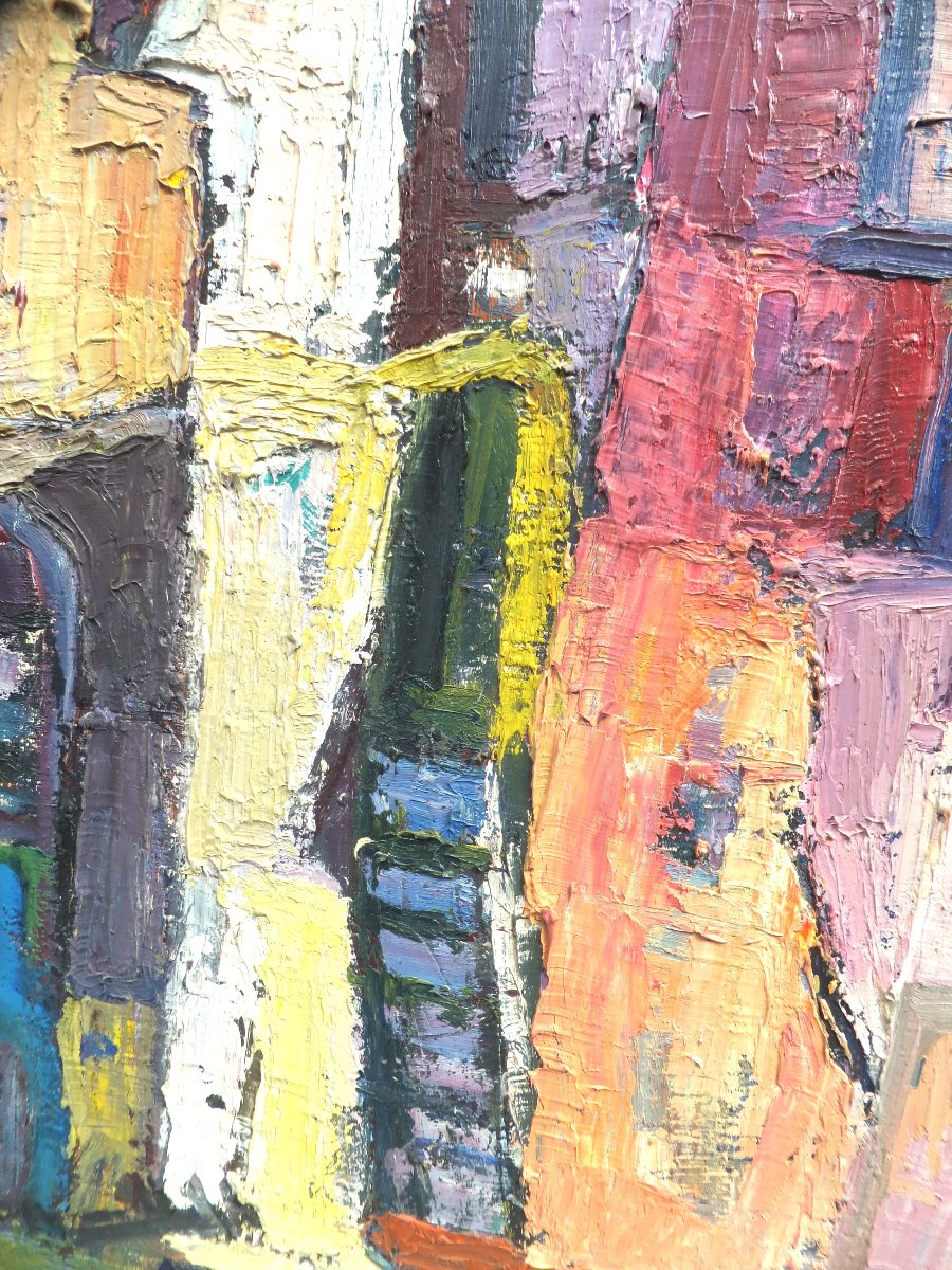 Quadro ad olio, paesaggio astratto di Marcella Fratelli 1962, incorniciato cm 95x75,5-photo-3