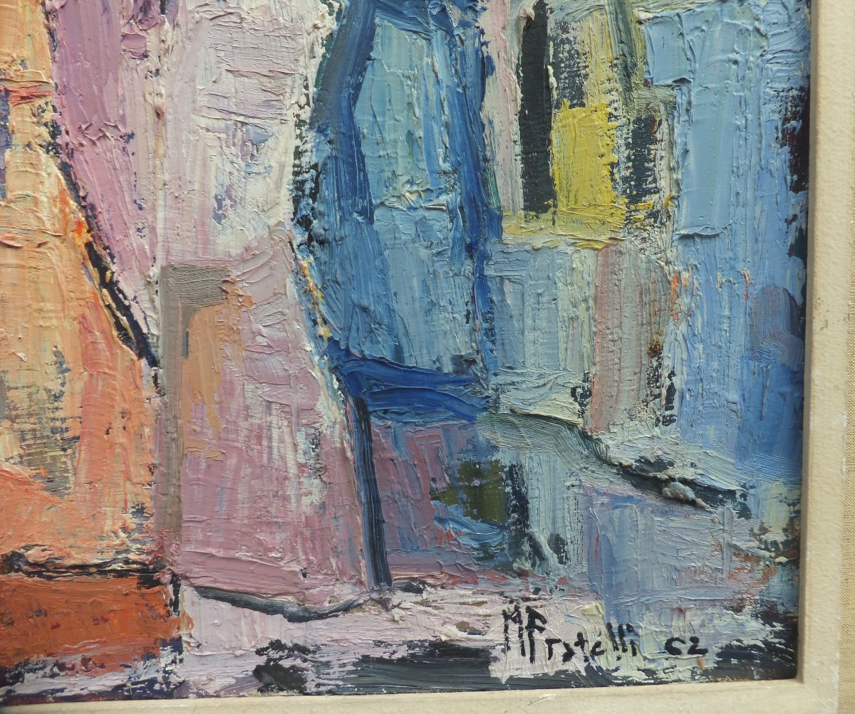 Quadro ad olio, paesaggio astratto di Marcella Fratelli 1962, incorniciato cm 95x75,5-photo-4
