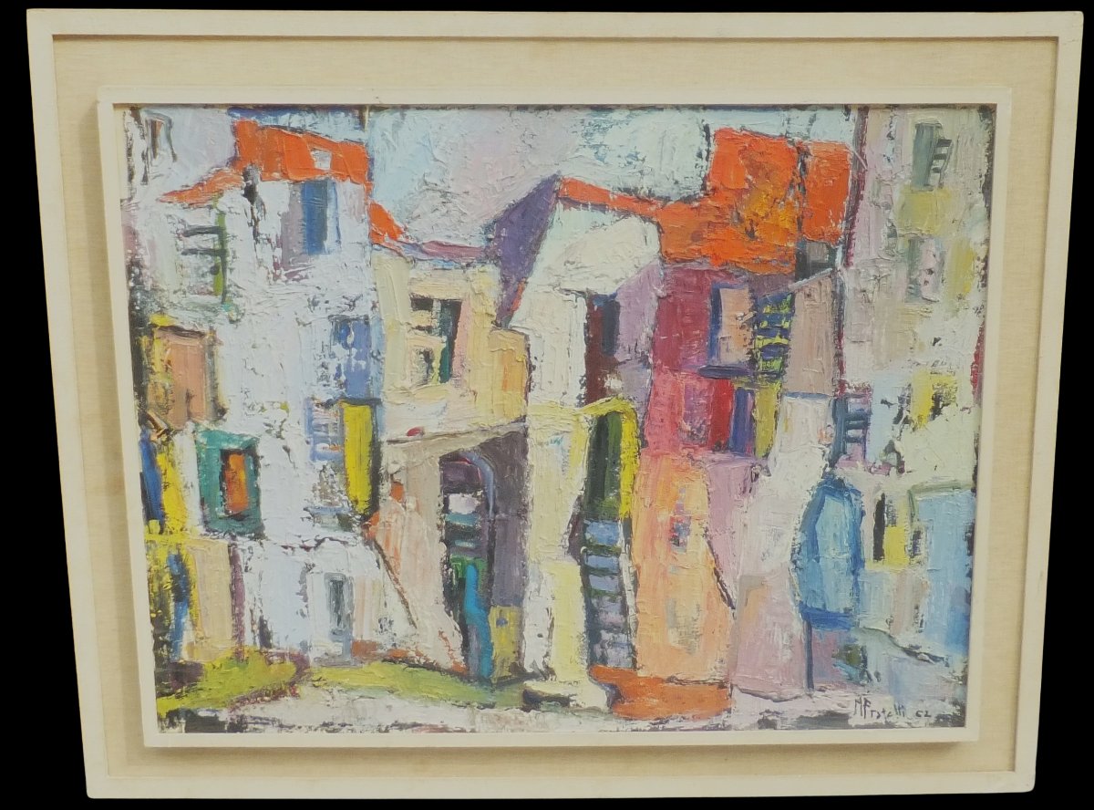Quadro ad olio, paesaggio astratto di Marcella Fratelli 1962, incorniciato cm 95x75,5