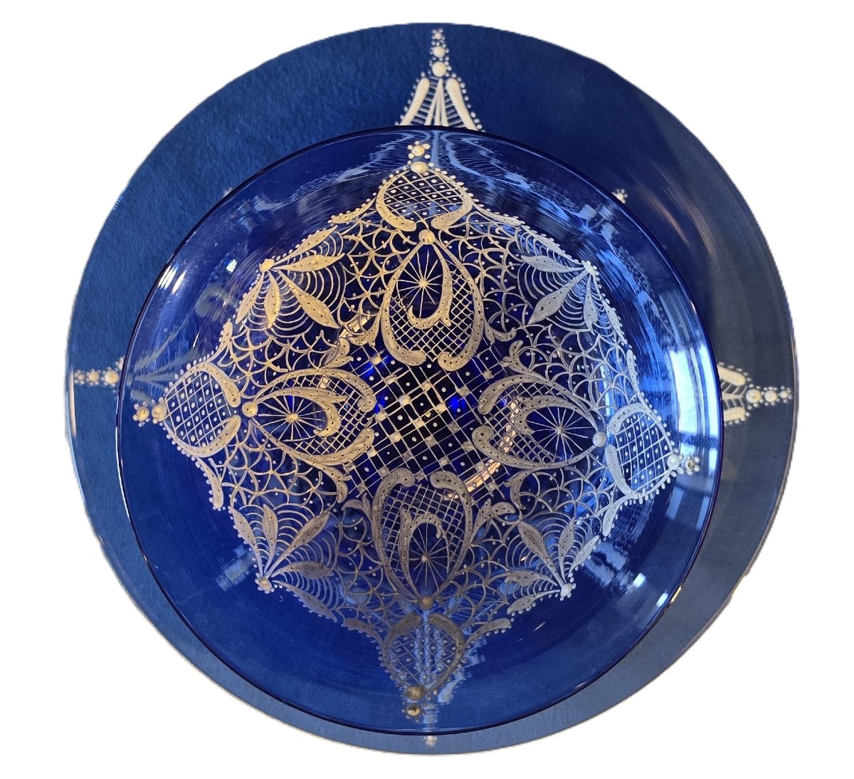 Insieme  calice e piattino antichi  in vetro blu cobalto soffiato e decorato a smalto-photo-1