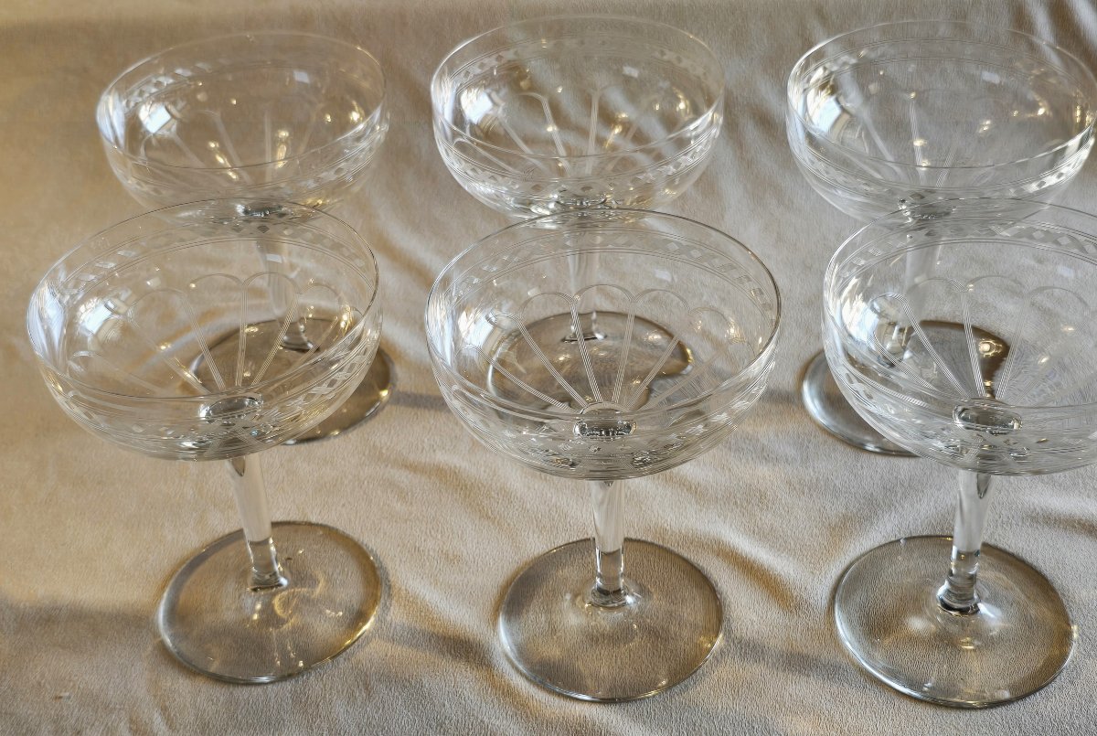 Lotto di sei coppe da champagne antiche in cristallo, 1910-1930 circa-photo-2